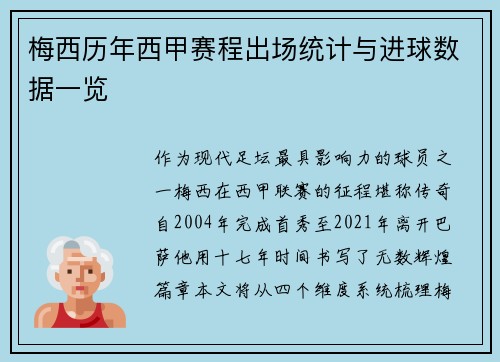 梅西历年西甲赛程出场统计与进球数据一览